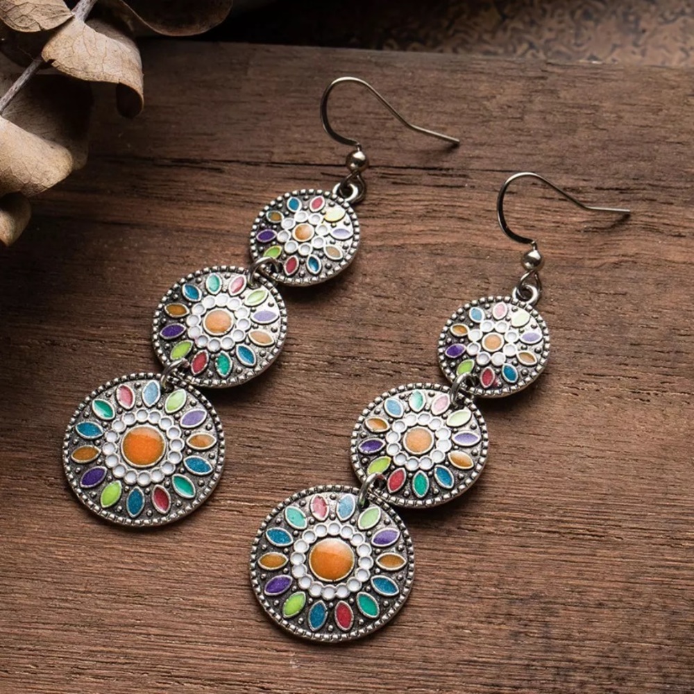 Multi Color Boho Round Stone Water Drop Earrings - Picture 2 of 3